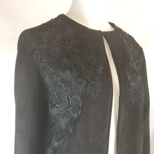 Tahari Jet Black Floral Embroidered Open Front Ev